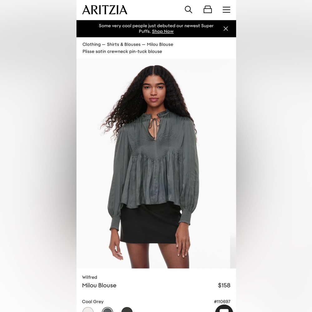 🐨 ARITZIA WILFRED MILOU BLOUSE IN COAL GREY - size XS 🐨
